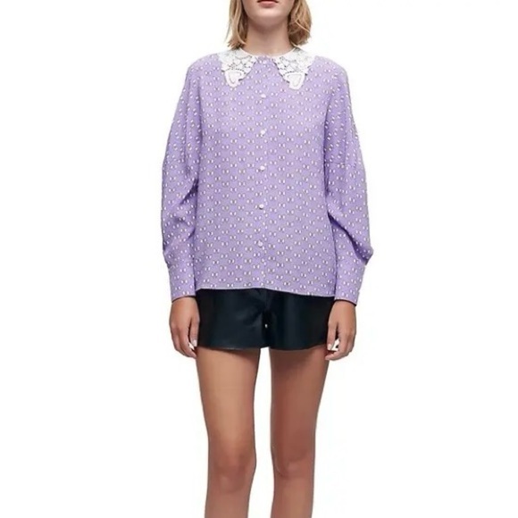Maje Sz 2 Flowing Bows Print Purple Guipure Collar Top - Picture 1 of 10